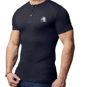 Black Printed Cotton Henley T-Shirt